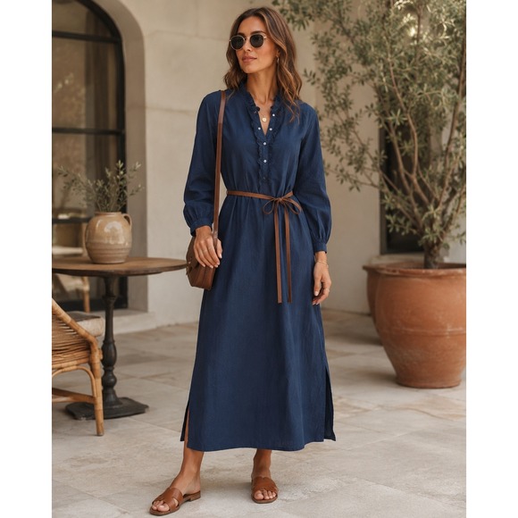 XiRENA Dresses & Skirts - Xirena Midi Dress Wns Medium Navy Blue Excellent Cotton Ruffle Belted Long Slv